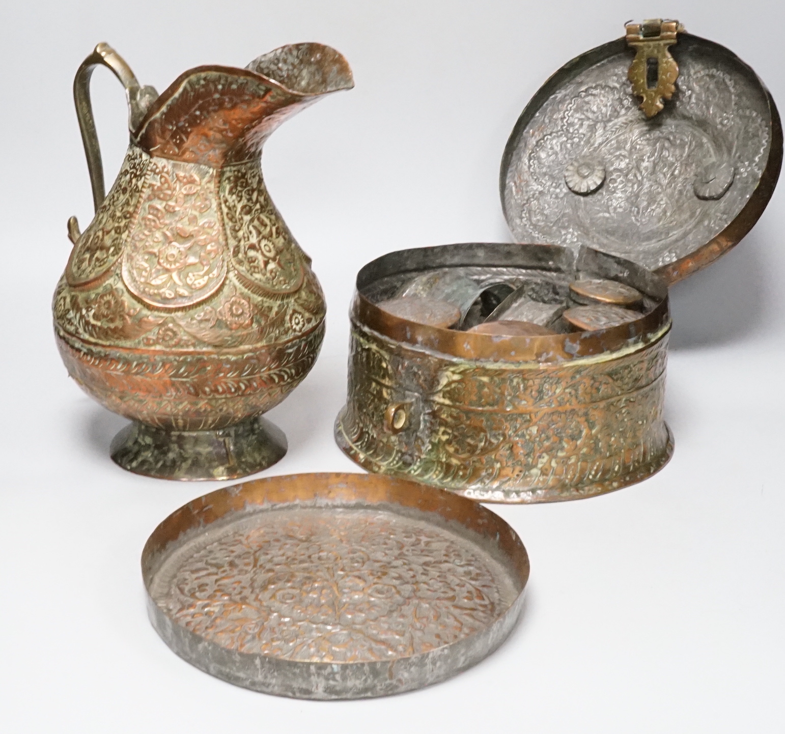 An Indian copper jug, various boxes and a tray, 26cm high